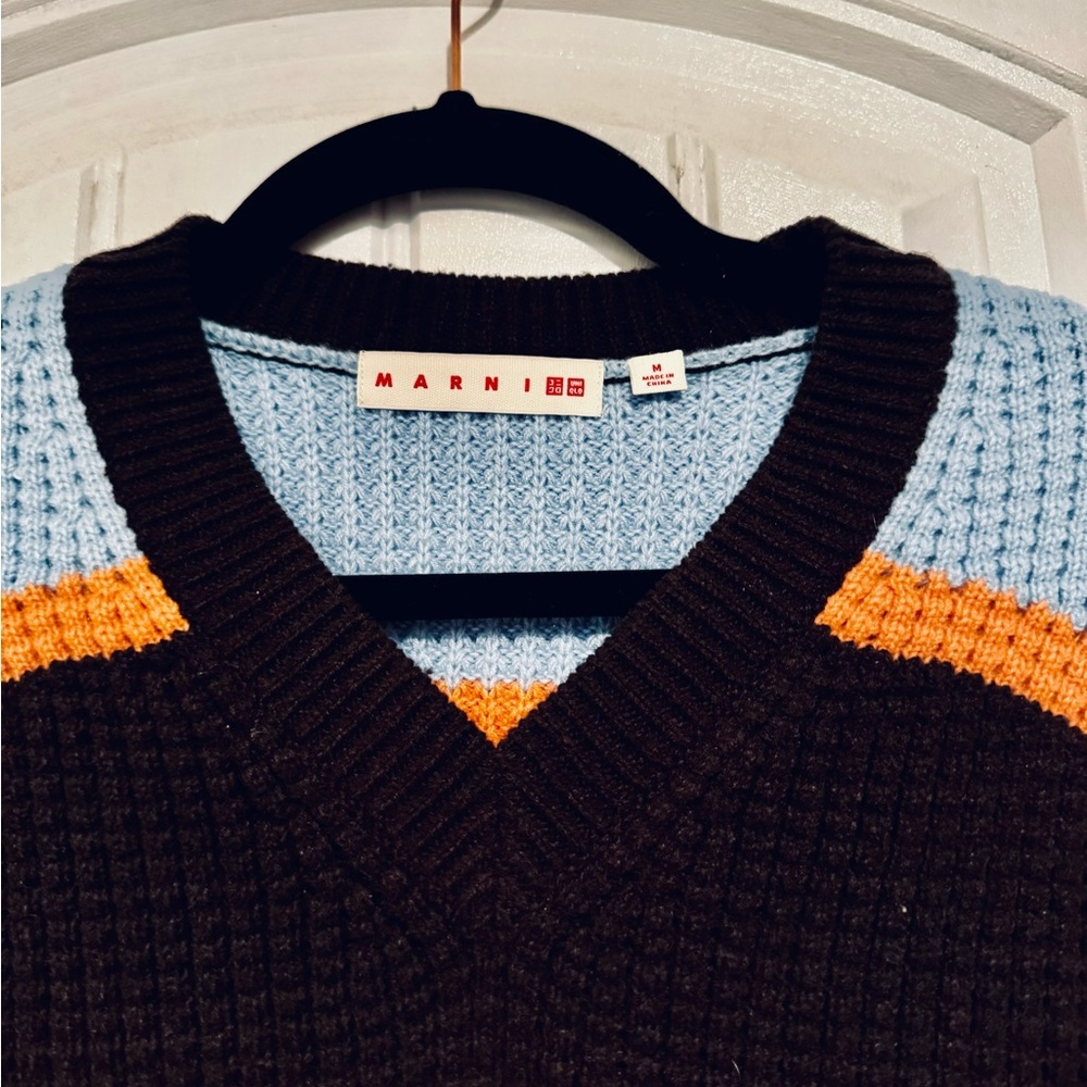 Marni x Uniqlo popcorn knitted sweater vest women’s blue and brown - Picture 3 of 5